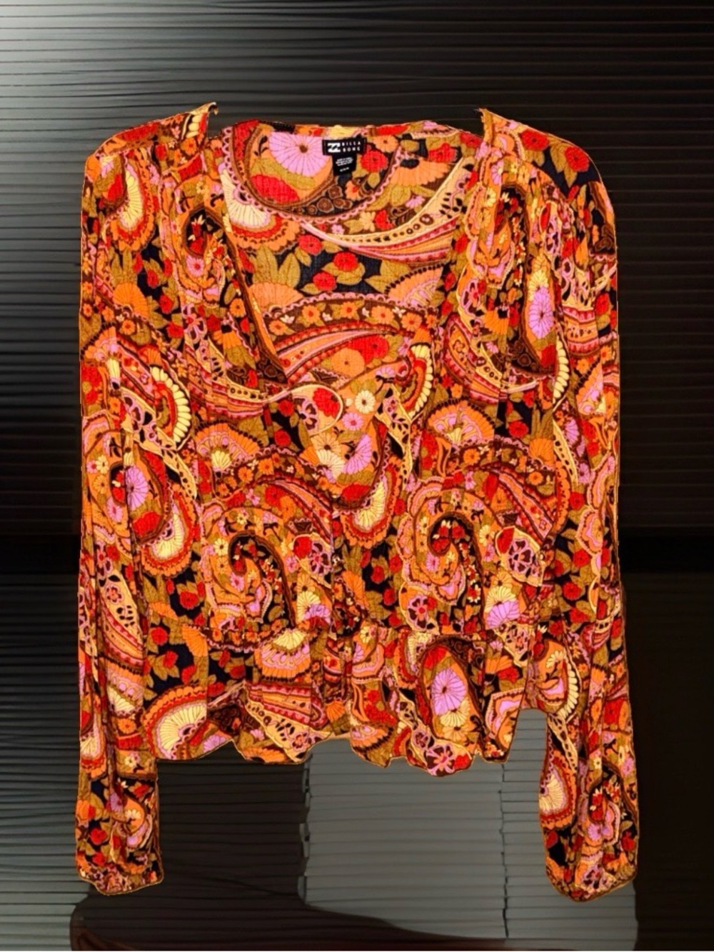 Billabong Orange Paisley Long Sleeve V Neck Top-M-EC